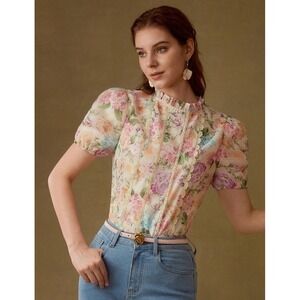 MOTF Floral Print Frill Trim Blouse Size Large Stand Collar Puff Sleeve Boho